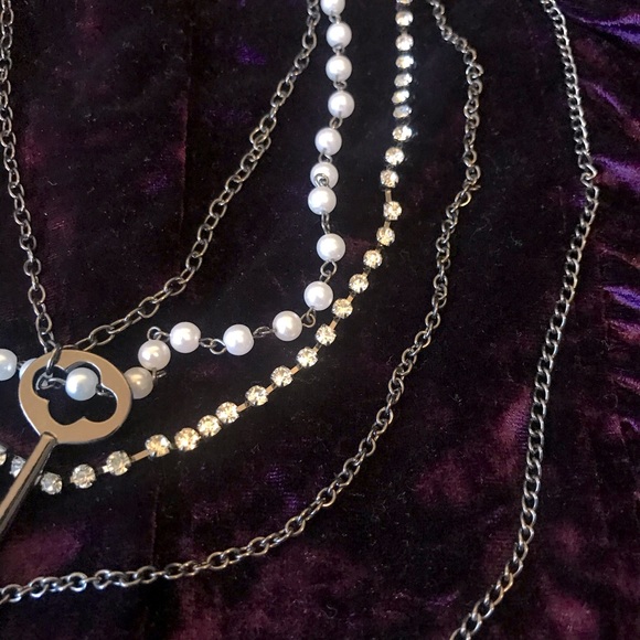 Long Layered Necklace with Pearl, Rhinestone, and Key Detail - Picture 3 of 5